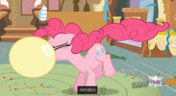 Size: 626x343 | Tagged: safe, screencap, pinkie pie, earth pony, pony, balloon, blowing up balloons, female, mare, youtube caption