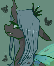 Size: 540x651 | Tagged: safe, artist:incapacitatedvixen, queen chrysalis, changeling, changeling queen, bust, female, green background, heart, portrait, simple background, smug, solo