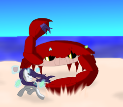 Size: 1280x1107 | Tagged: safe, rarity, crab, pony, unicorn, beach, fight, rarity fighting a giant crab