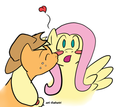 Size: 1000x858 | Tagged: artist needed, source needed, safe, artist:caluriri, applejack, fluttershy, earth pony, pegasus, pony, appleshy, blush sticker, blushing, female, heart, kissing, lesbian, shipping, wingboner