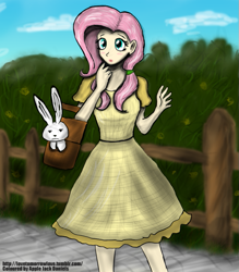 Size: 735x840 | Tagged: safe, artist:apple-jack-daniels, artist:johnjoseco, angel bunny, fluttershy, human, clothes, colored, crossover, dorothy, dress, humanized, the wizard of oz