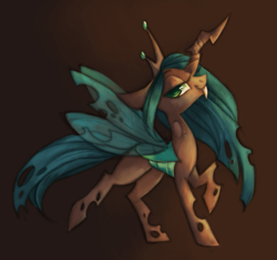 Size: 945x886 | Tagged: safe, artist:askpopcorn, queen chrysalis, changeling, changeling queen, fangs, female, lidded eyes, looking at you, mare, simple background, smiling, solo