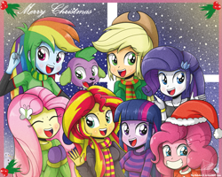 Size: 1259x1007 | Tagged: safe, artist:the-butch-x, derpibooru import, applejack, fluttershy, pinkie pie, rainbow dash, rarity, spike, sunset shimmer, twilight sparkle, twilight sparkle (alicorn), alicorn, dog, equestria girls, applejack's hat, blushing, christmas, clothes, cowboy hat, cute, dashabetes, diabetes, diapinkes, eyes closed, female, grin, group photo, hat, holiday, humane seven, jackabetes, looking at you, male, mane seven, mane six, mittens, open mouth, peace sign, raribetes, santa hat, scarf, shimmerbetes, shyabetes, smiling, snow, snowfall, spikabetes, spike the dog, sweater, sweatershy, twiabetes, window