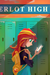 Size: 1155x1735 | Tagged: safe, alternate version, artist:ajvl, sunset shimmer, equestria girls, backpack, cellphone, human coloration, lockers, phone, solo