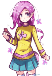 Size: 719x1050 | Tagged: safe, artist:hua, fluttershy, clothes, humanized, skirt, sweater, sweatershy, tailed humanization