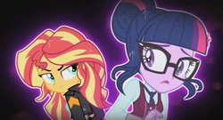 Size: 733x397 | Tagged: safe, screencap, sci-twi, sunset shimmer, twilight sparkle, equestria girls, friendship games, glare