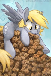 Size: 558x820 | Tagged: safe, artist:kenket, artist:spainfischer, derpy hooves, pegasus, pony, cute, derpabetes, female, mare, muffin, pile, smiling, solo, spread wings, that pony sure does love muffins, traditional art, underhoof