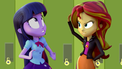 Size: 1920x1080 | Tagged: safe, artist:creatorofpony, artist:doctor-squaggies, sunset shimmer, twilight sparkle, equestria girls, 3d, 3d model, big head, blender, canterlot high, clothes, evil, leather jacket, lockers, scene interpretation, skirt, you must be new here