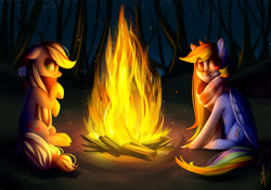 Size: 5710x4000 | Tagged: safe, artist:vardastouch, derpibooru import, applejack, rainbow dash, earth pony, pegasus, pony, campfire, clothes, scarf