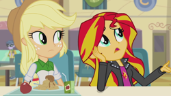 Size: 1280x720 | Tagged: safe, screencap, applejack, microchips, sunset shimmer, equestria girls, rainbow rocks, apple, apple fritter (food), cafeteria, chair, clothes, cowboy hat, food, hat, jacket, juice, juice box, leather jacket