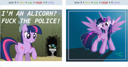 Size: 519x272 | Tagged: safe, derpibooru import, twilight sparkle, twilight sparkle (alicorn), alicorn, earth pony, pony, derpibooru, exploitable meme, fuck the police, juxtaposition, juxtaposition win, meta, vulgar