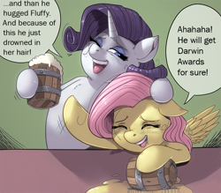 Size: 680x596 | Tagged: safe, alternate version, artist:kevinsano, fluttershy, rarity, pegasus, pony, unicorn, cider, drunk, drunk rarity, drunkershy, implied fluffle puff, laughing flarity, laughingmares.jpg