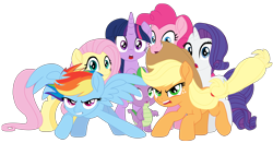 Size: 6216x3266 | Tagged: safe, artist:ejlightning007arts, derpibooru import, applejack, fluttershy, pinkie pie, rainbow dash, rarity, spike, twilight sparkle, twilight sparkle (alicorn), alicorn, dragon, earth pony, pegasus, pony, unicorn, my little pony: the movie, female, mane seven, mane six, mare, simple background, transparent background, vector