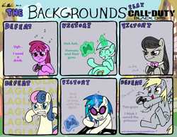 Size: 3290x2550 | Tagged: safe, artist:redapropos, berry punch, berryshine, bon bon, derpy hooves, dj pon-3, lyra heartstrings, octavia melody, sweetie drops, vinyl scratch, earth pony, pegasus, pony, unicorn, background six, black ops 2, bon bon is not amused, call of duty, eyes closed, female, gaming, magic, mare