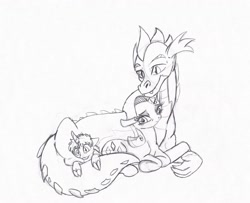 Size: 2680x2174 | Tagged: safe, artist:tristanjsolarez, rarity, spike, oc, dracony, dragon, hybrid, pony, unicorn, adult spike, black and white, female, grayscale, interspecies offspring, male, monochrome, offspring, older, older spike, parent:rarity, parent:spike, parents:sparity, simple background, sparity, straight, transparent background