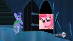 Size: 854x480 | Tagged: safe, derpibooru import, spike, twilight sparkle, dragon, pony, unicorn, door, exploitable meme, female, horn, hub logo, male, mare, meme, multicolored mane, open mouth, purple coat, stairs, the scary door