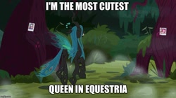 Size: 888x499 | Tagged: safe, edit, edited screencap, screencap, pinkie pie, queen chrysalis, rarity, changeling, changeling queen, earth pony, pony, unicorn, the mean 6, cute, cutealis, everfree forest, female, image macro, meme, prancing, solo, tree