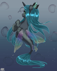 Size: 1860x2316 | Tagged: safe, artist:asherspray, queen chrysalis, changeling, changeling queen, seapony (g4), crown, cute, cutealis, facing away, female, jewelry, looking at you, looking back, looking back at you, pretty, regalia, seaponified, solo, species swap, underhoof, underwater