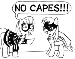 Size: 648x507 | Tagged: safe, artist:samueleallen, derpy hooves, photo finish, pegasus, pony, cape, clothes, edna mode, female, mare, no capes, pixar, sad, the incredibles