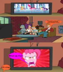 Size: 680x779 | Tagged: safe, pinkie pie, earth pony, pony, season 3, fourth wall, futurama, television, watch, watching