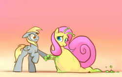 Size: 1257x791 | Tagged: safe, artist:gsphere, derpy hooves, pony, cute, duo, fluttersnail, slime, snail, species swap, sticky, stuck, wat