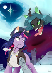 Size: 1061x1500 | Tagged: safe, artist:0ndshok, queen chrysalis, twilight sparkle, changeling, changeling queen, unicorn, amputee, city, clothes, epic, female, hat, mare, mare in the moon, moon, prosthetic limb, prosthetics, reference, sky, space, stars