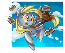 Size: 1700x1400 | Tagged: safe, artist:onidiiana-chan, derpy hooves, pegasus, pony, bag, female, flying, letter, mare