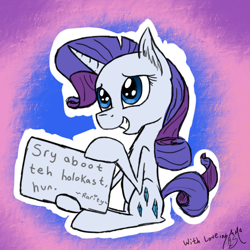 Size: 710x710 | Tagged: safe, artist:obstreperoussynapse, rarity, pony, unicorn, female, holocaust, horn, mare, sign, solo