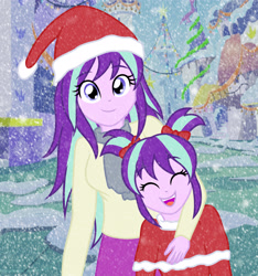 Size: 2293x2448 | Tagged: safe, artist:sumin6301, starlight glimmer, equestria girls, building, canterlot, clothes, cute, double the glimmer, equestria girls-ified, eyes closed, glimmerbetes, glimmerdoption, hat, mama starlight, open mouth, santa hat, self adoption, self paradox, smiling, snow, snowfall, solo, time paradox, younger
