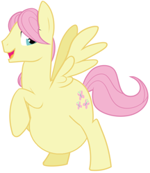 Size: 756x876 | Tagged: safe, butterscotch, fluttershy, pegasus, pony, male, male pregnancy, open mouth, pregnant, pregnant edit, rearing, rule 63, show accurate, simple background, smiling, solo, white background