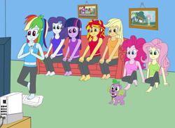 Size: 1024x745 | Tagged: safe, artist:equestriaguy637, applejack, fluttershy, pinkie pie, rainbow dash, rarity, spike, sunset shimmer, twilight sparkle, dog, equestria girls, barefoot, belly button, clothes, feet, humane seven, mane seven, mane six, midriff, spike the dog, tanktop, wii, wii fit