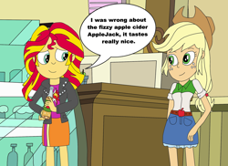 Size: 1024x745 | Tagged: safe, artist:equestriaguy637, applejack, sunset shimmer, equestria girls, bottle, cider