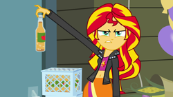 Size: 1920x1080 | Tagged: safe, edit, sunset shimmer, equestria girls, apple cider, balloon, belly button, clothes, corn, exploitable meme, jacket, meme, midriff, sunset is disgusted