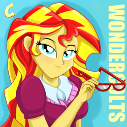 Size: 900x900 | Tagged: safe, artist:kittyprints91, sunset shimmer, equestria girls, friendship games, bedroom eyes, canterlot high, clothes, glasses, looking at you, school spirit, solo, wondercolts