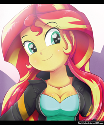 Size: 850x1022 | Tagged: safe, artist:the-butch-x, sunset shimmer, equestria girls, beautiful, breasts, cleavage, clothes, cute, female, heart eyes, jacket, leather jacket, looking at you, shimmerbetes, signature, smiling, solo, sunset jiggler, sweet dreams fuel, wingding eyes