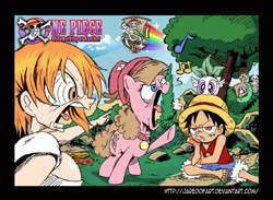 Size: 1365x1000 | Tagged: safe, artist:jaredofart, derpy hooves, pegasus, pony, crossover, female, going merry, mare, monkey d luffy, nami, one piece, pandaman, pony pony chopper, roronoa zoro, sogeking, style emulation, usopp