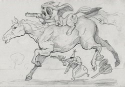 Size: 2984x2084 | Tagged: safe, artist:changeunism, madame leflour, pinkie pie, rocky, earth pony, horse, pony, dual wield, gun, handgun, horse-pony interaction, pinkamena diane pie, ponies riding horses, revolver, running, sword, traditional art, weapon