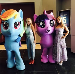 Size: 1963x1931 | Tagged: safe, derpibooru import, rainbow dash, twilight sparkle, twilight sparkle (alicorn), alicorn, human, my little pony: the movie, ashleigh ball, irl, meta, photo, quadsuit, tara strong, twitter, uncanny valley, with their characters