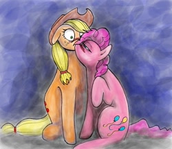 Size: 1700x1473 | Tagged: safe, artist:man-eating-llama, applejack, pinkie pie, earth pony, pony, applepie, blushing, female, kissing, lesbian, shipping