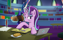 Size: 2972x1910 | Tagged: safe, artist:oinktweetstudios, starlight glimmer, pony, unicorn, apple fritter (food), bags under eyes, book, coffee, computer, drinking, food, glowing horn, laptop computer, levitation, lidded eyes, magic, quill, solo, telekinesis, tired, twilight's castle, writing