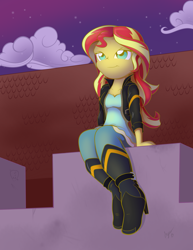 Size: 1024x1325 | Tagged: safe, artist:sycotei-b, sunset shimmer, equestria girls, my past is not today, rainbow rocks, canterlot high, clothes, leather jacket, rooftop, scene interpretation, signature, sitting, solo