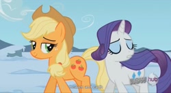 Size: 1577x865 | Tagged: safe, screencap, applejack, rarity, earth pony, pony, unicorn, the crystal empire, bedroom eyes, earth, heaven, youtube caption, youtube link