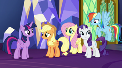 Size: 1280x720 | Tagged: safe, derpibooru import, screencap, applejack, fluttershy, rainbow dash, rarity, twilight sparkle, twilight sparkle (alicorn), alicorn, earth pony, pegasus, pony, unicorn, not asking for trouble