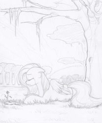 Size: 800x962 | Tagged: safe, artist:cobaltsnow, fluttershy, pegasus, pony, crying, flower, forest, lake, monochrome, sketch, solo, traditional art, tree