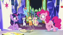 Size: 1280x720 | Tagged: safe, derpibooru import, screencap, applejack, fluttershy, pinkie pie, rainbow dash, rarity, twilight sparkle, twilight sparkle (alicorn), alicorn, earth pony, pegasus, pony, unicorn, not asking for trouble, happy, mane six