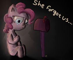 Size: 900x743 | Tagged: safe, artist:vovab, pinkie pie, earth pony, pony, female, mailbox, mare, pink coat, pink mane, sad