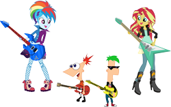 Size: 11329x7116 | Tagged: dead source, safe, artist:birdalliance, rainbow dash, sunset shimmer, equestria girls, friendship through the ages, rainbow rocks, 80s, absurd resolution, bass guitar, clothes, crossover, disney, electric guitar, ferb fletcher, flying v, group, guitar, guitar pick, guitars, high heel boots, leather jacket, looking at each other, musical instrument, necklace, open mouth, phineas and ferb, phineas flynn, playing, rainbow punk, rockin' hair, sunglasses