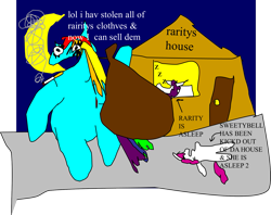 Size: 1697x1343 | Tagged: safe, artist:jacobfoolson, derpibooru import, rainbow dash, rarity, sweetie belle, pegasus, pony, unicorn, 1000 hours in ms paint, breaking and entering, cigarette, robbery, smoking, stealing