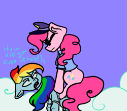 Size: 945x826 | Tagged: safe, artist:evelynncandy, derpibooru import, pinkie pie, rainbow dash, earth pony, pegasus, pony, cloud, cuffs, frustrated, police, police officer, police uniform, prisoner rd, shackles