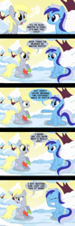 Size: 1000x3000 | Tagged: safe, artist:countdoofus, derpy hooves, minuette, pegasus, pony, boots, comic, dialogue, facehoof, female, mare, snow, winter